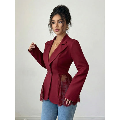 Elegant Style Women's Suit Jacket A-Line Silhouette Lace Waist Color Block Autumn New Arrival Fashion Outerwear