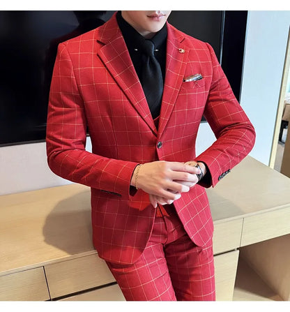Men's 3-Piece Slim Fit Plaid Suit – Jacket, Vest & Pants for Weddings, Office & Formal Occasions