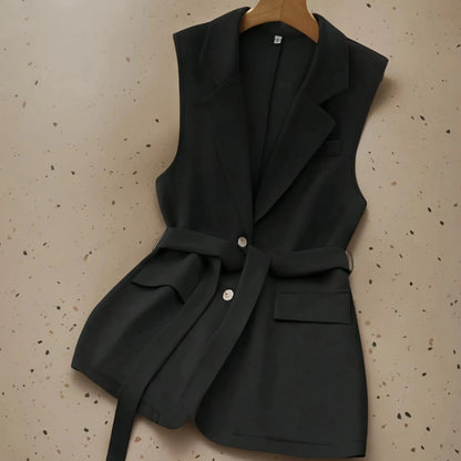 Fashion Sleeveless Slim Suit Collar Women Vest Spring Autumn New Single Breasted Elegant Lace Up Female Versatile Vest Tops 2025
