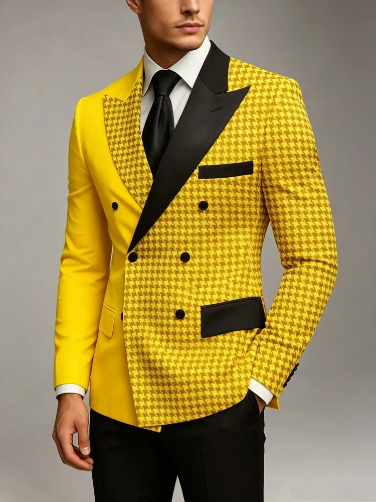 Men's Yellow Houndstooth Double Breasted Blazer Lapel Slim High Quality Formal Wedding Business Party Gentlemen Tuxedo Jacket