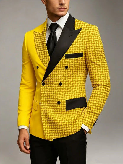Men's Yellow Houndstooth Double Breasted Blazer Lapel Slim High Quality Formal Wedding Business Party Gentlemen Tuxedo Jacket