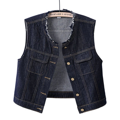 Women Denim Vest Coat Rough O Neck Vintage Short Sleeveless Jacket Female Cowboy Waistcoat Casual Tops Chaleco Mujer Outerwear