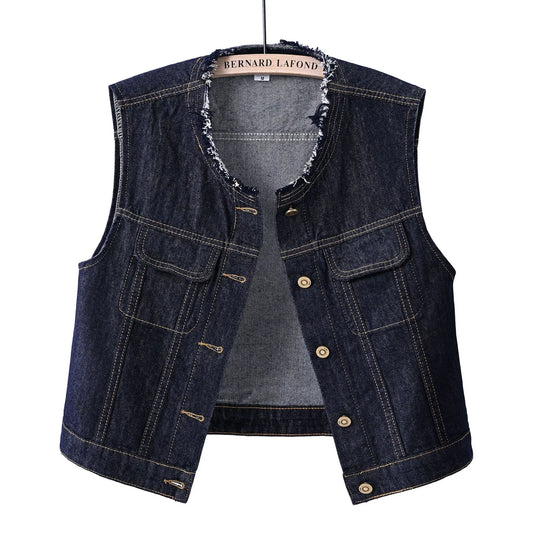 Women Denim Vest Coat Rough O Neck Vintage Short Sleeveless Jacket Female Cowboy Waistcoat Casual Tops Chaleco Mujer Outerwear