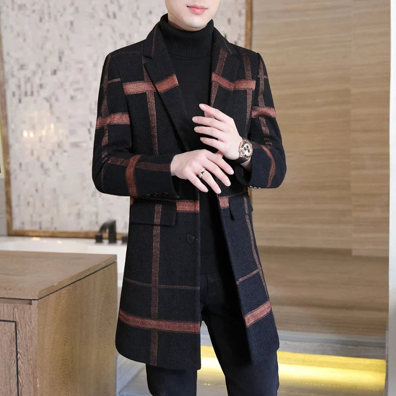 Korean Fashion Woolen Coat Men's Mid-Length Slim-Fit Trench Youth Business Casual 2023 Autumn Winter New Style