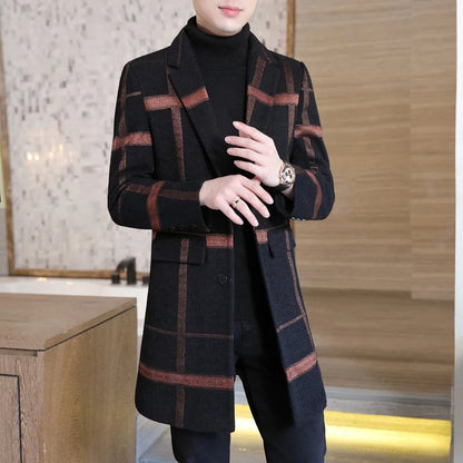 Korean Fashion Woolen Coat Men's Mid-Length Slim-Fit Trench Youth Business Casual 2023 Autumn Winter New Style