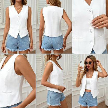 Women's Sleeveless Vest V-Neck Button Front Cut Casual Style With Elegant Spring Summer and Fall Routine Suitable for the Office