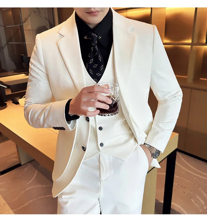 British Style Fake Two-piece Suit Set Men's Wedding Groom Dress 3 Piece Set Suit Vest Trousers Slim Office Business Casual Suits