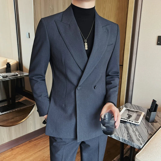 2026 Autumn Double Breasted Men's Slim Fit Business Blazers High-quality Casual Suit Jacket Groom's Wedding Suit Men Clothing