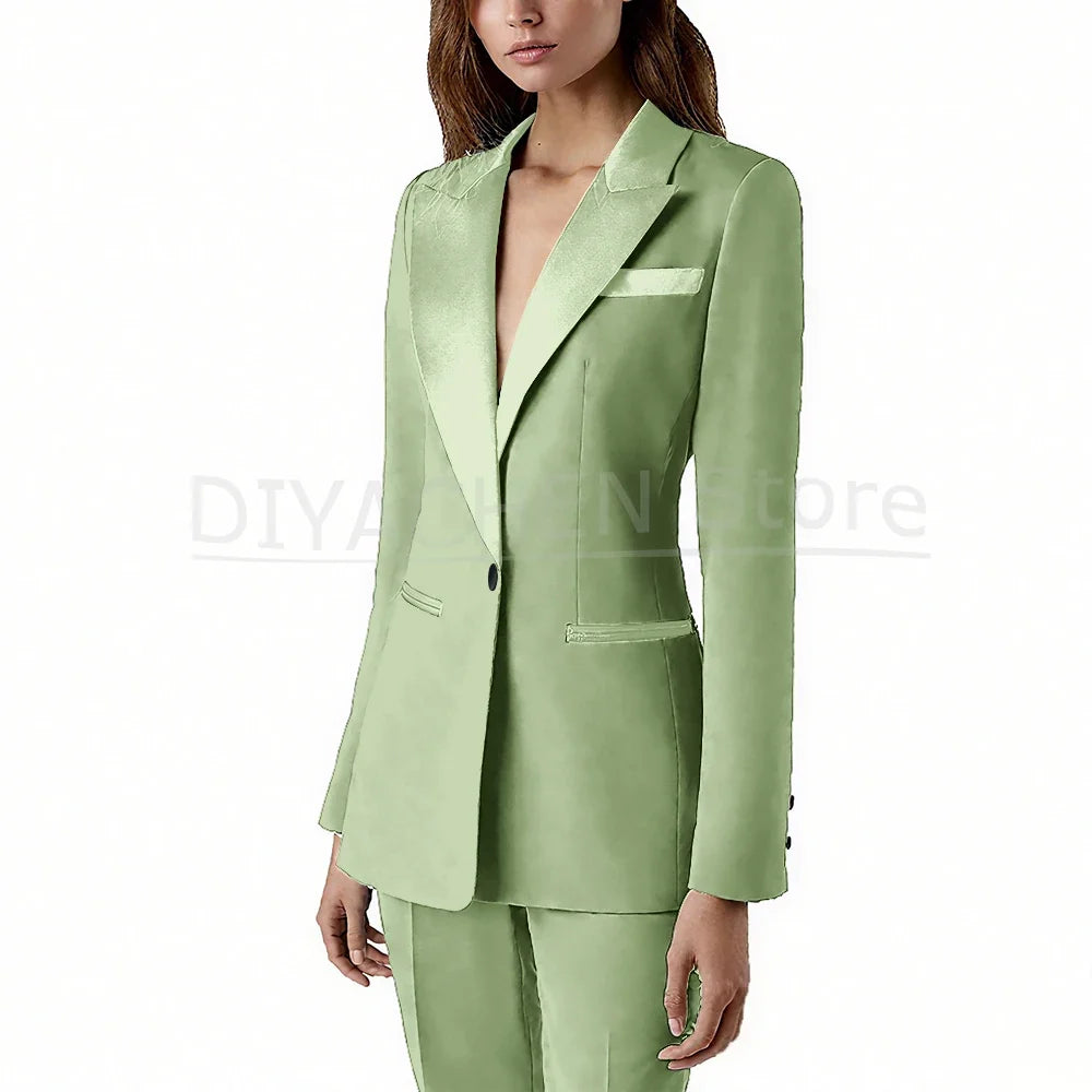 Pants Sets 2 Piece Fashion Satin Peak Lapel Single Button Solid Color Outfits Chic Casual Slim Daily Office Women's Suit