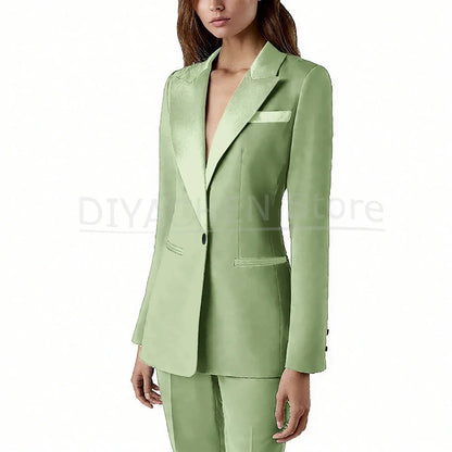 Pants Sets 2 Piece Fashion Satin Peak Lapel Single Button Solid Color Outfits Chic Casual Slim Daily Office Women's Suit