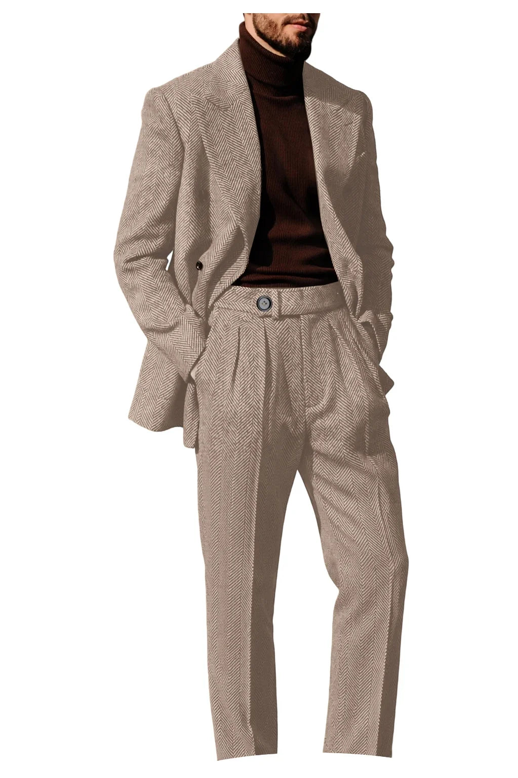 Men's Herringbone Suit 2-Piece Set – Double Breasted Blazer & Trousers for Wedding & Business
