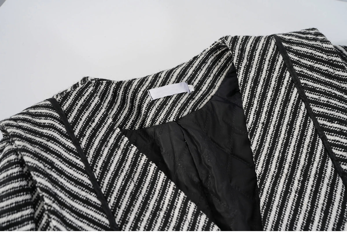 Women's Zebra Stripes Blazer Jacket Vintage Long Sleeve Outerwear Black Gothic Woolen Suit Coat Harajuku Y2k 2000s Clothes Autum