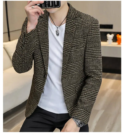 Men's Slim Fit Blazer Single Breasted Plaid Smart Casual Suit Jacket