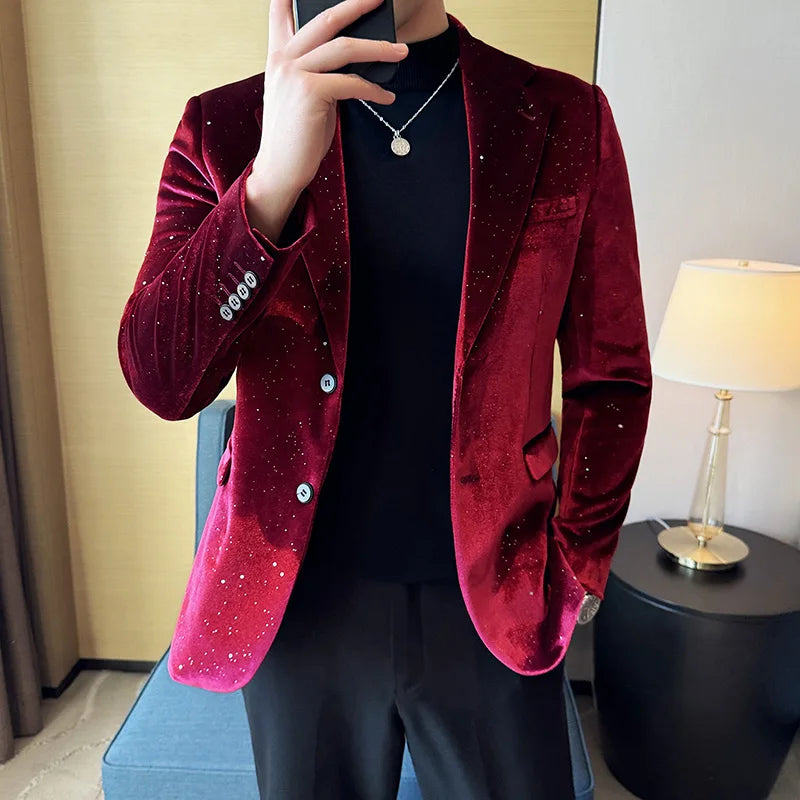 2025 Autumn New Velvet Jacket Men's Blazer Business Fashion Hot Stamping Printed Suit Jacket High-quality Luxury Dress Suit