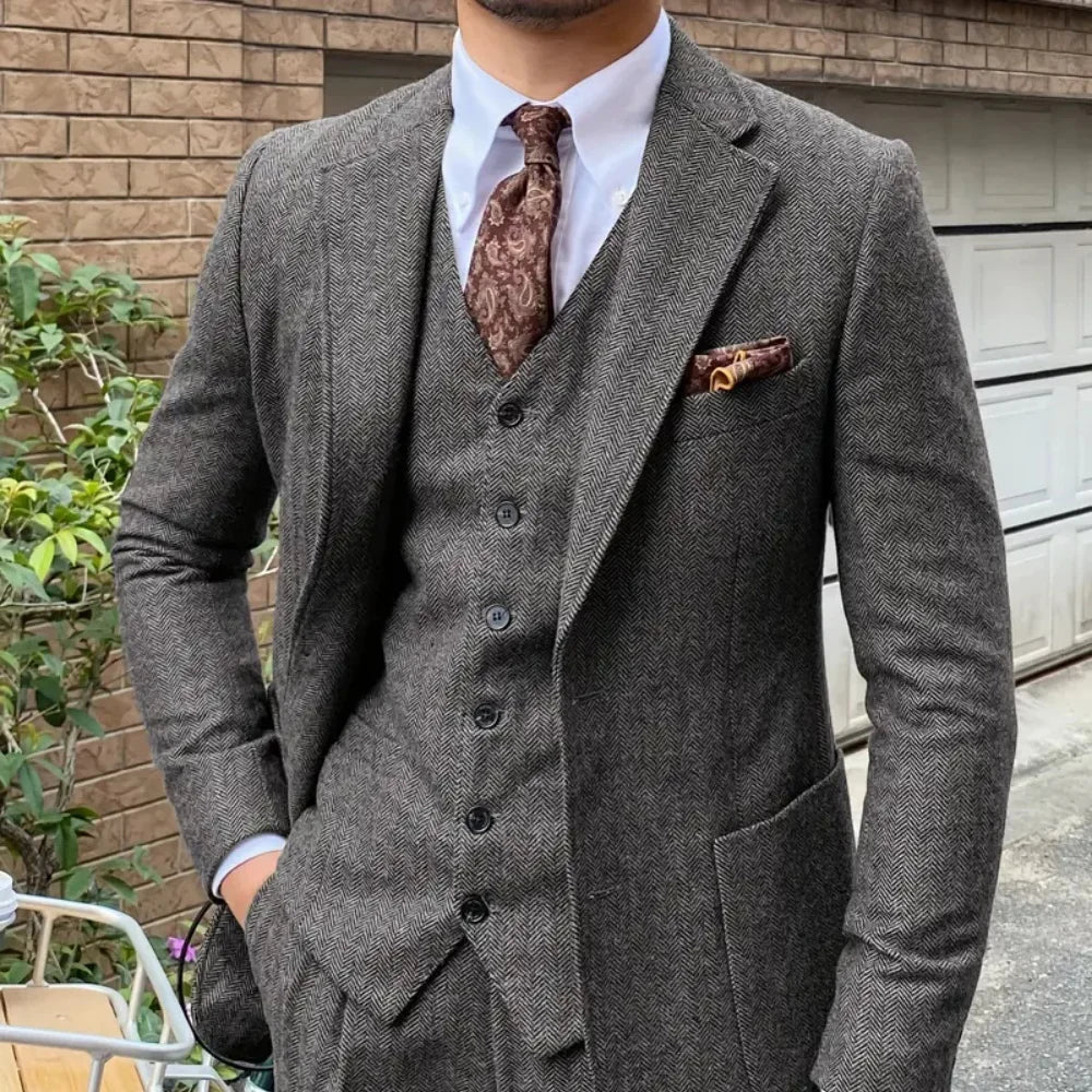 Men 3 Pieces Blue Herringbone Suit Formal Business Tweed Groom Tuxedo for Men Wedding Men's Suit Outfits Jacket Vest Pants Set