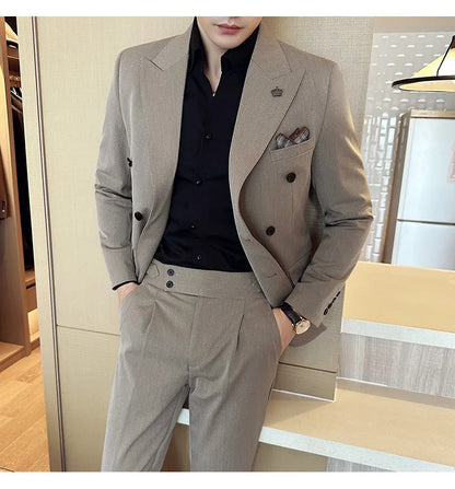 (Blazer + Trousers) Fashion Double Breasted Design Slim Men's Suit Italian Style Luxury Wedding Social Party Tuxedo 2 Piece Set