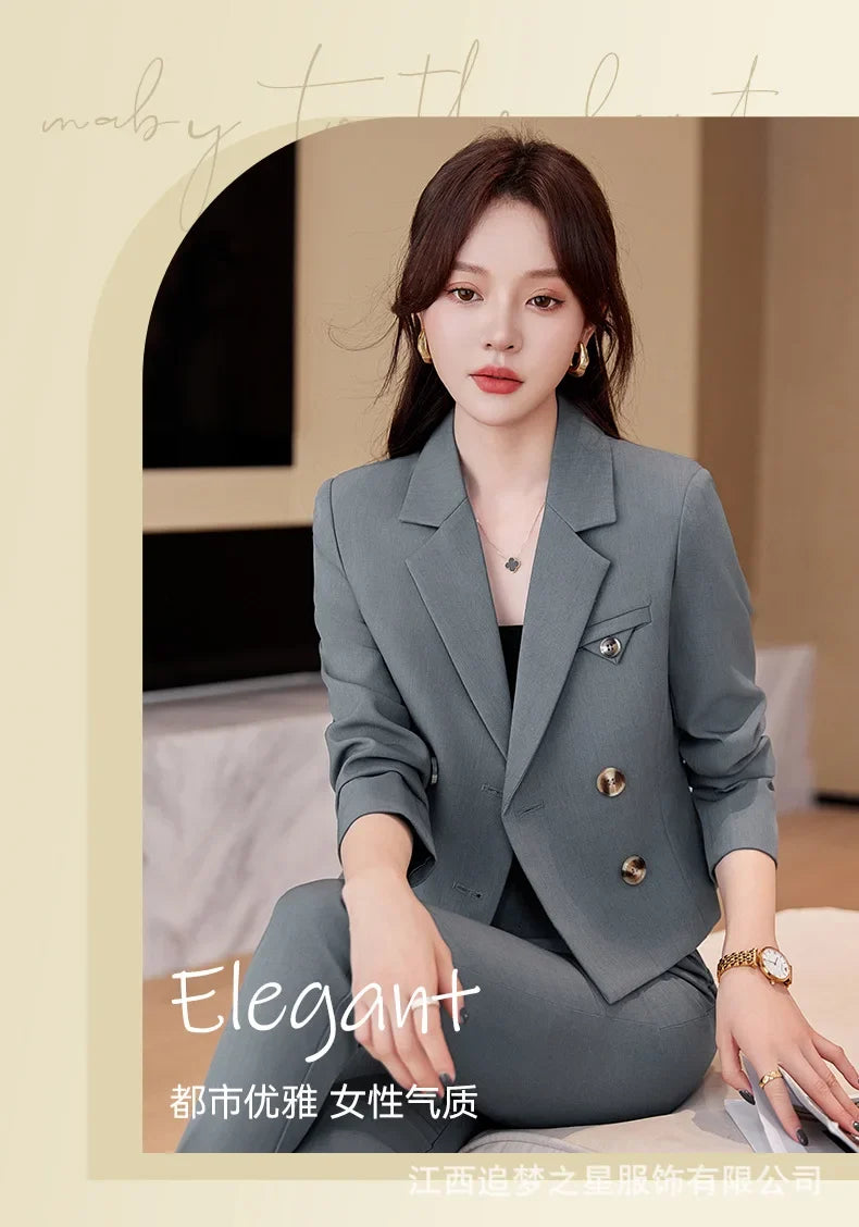 Spring Autumn Solid Women Suits Office Sets 2024 New Fashion Double Breasted Short Blazers Casual High Waist Pencil Pants Suits