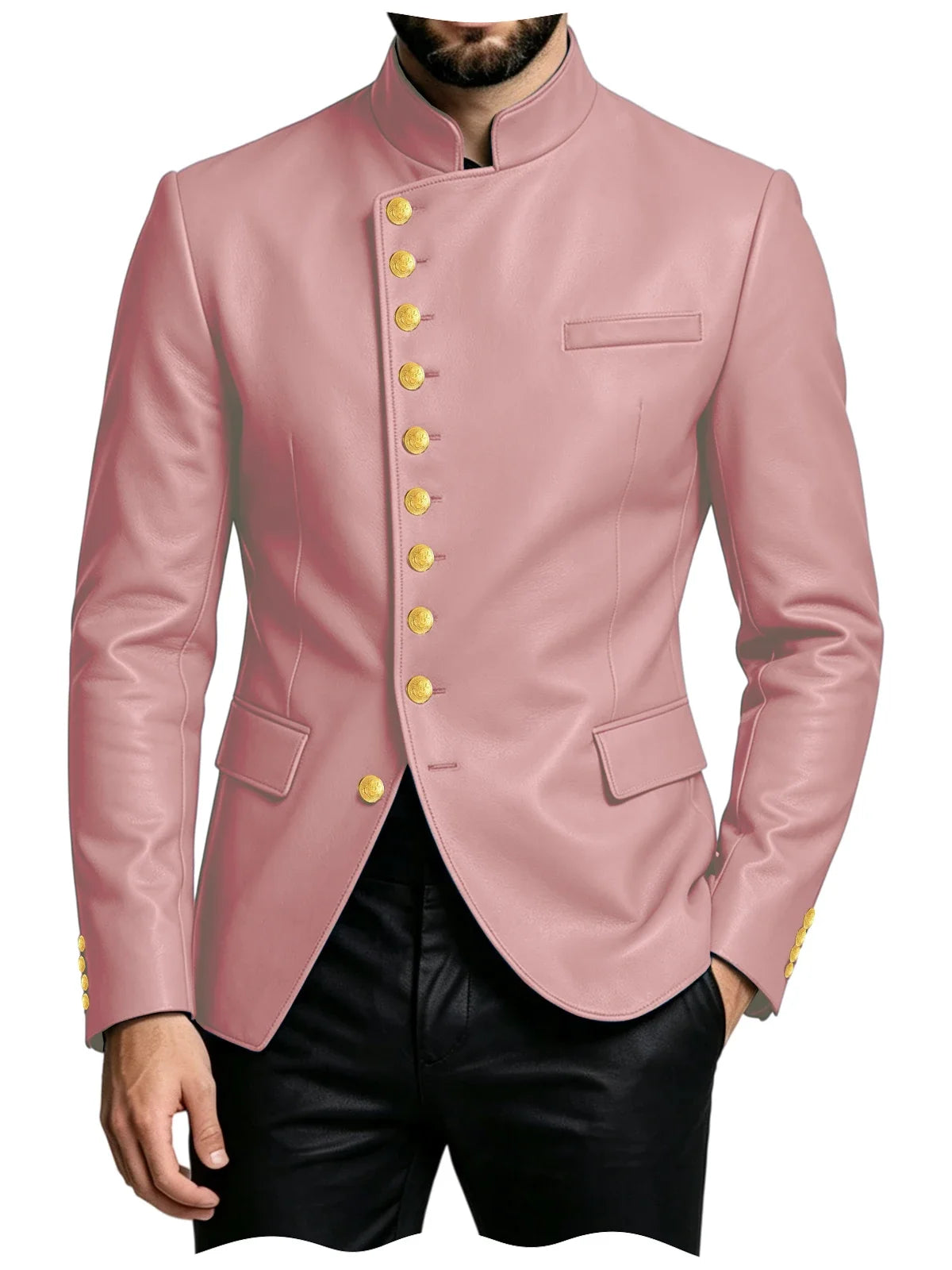 Luxury PU Men's Suit Blazer Single Breasted Stand Collar Slim Fit Leather Jacket Vintage High Quality Business Party Male Tuxedo