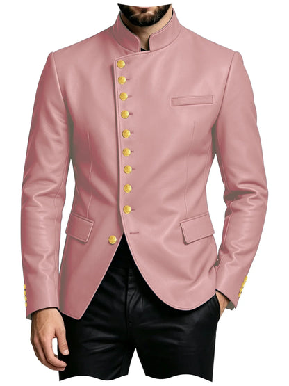 Luxury PU Men's Suit Blazer Single Breasted Stand Collar Slim Fit Leather Jacket Vintage High Quality Business Party Male Tuxedo
