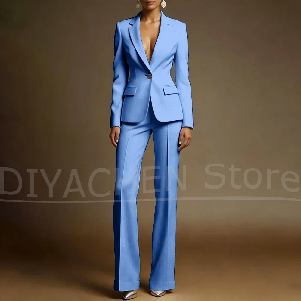 Women's White Suit Set Slim Fit Two Piece Jacket and Wide Leg Pants Office Casual Formal Occasions Elegant Female Outfit