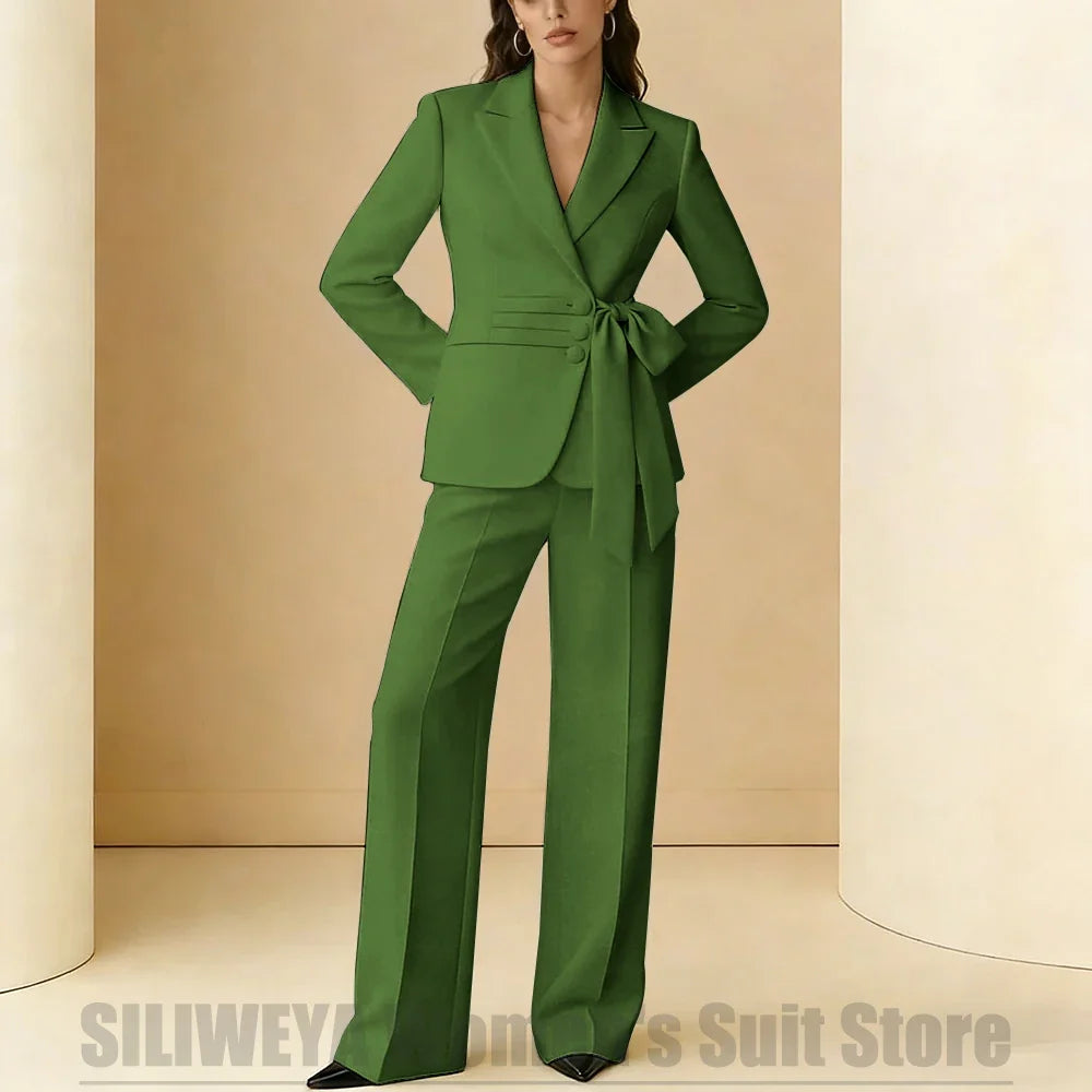Women's Suit 2 Piece Bow Belt Design Formal Outfit for Wedding Party Prom Office Fashion Peak Lapel Daily Casual Lady Suits