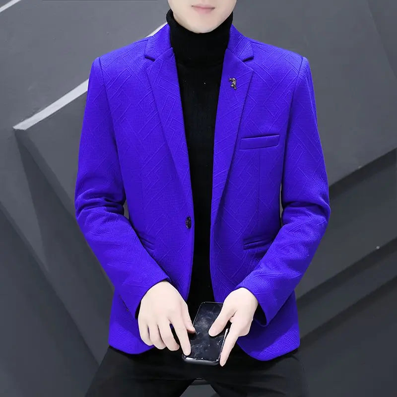 Men's Autumn Winter Fleece-Lined Slim Fit Casual Blazer Korean Style Solid Color Thick Warm Youth Fashion Suit Jacket