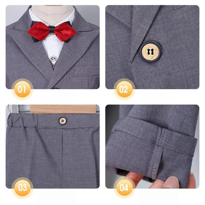 Boys Slim Fit Suit Set Kids Wedding Birthday Outfit Children's Performance Costume With Jacket Vest Pants Bowtie+Pocket Towel