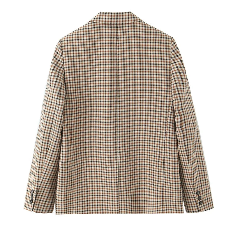 Women Fashion With Pockets Plaid Single Breasted Blazer Vintage Notched Neck Long Sleeves Female Chic Lady Outfits