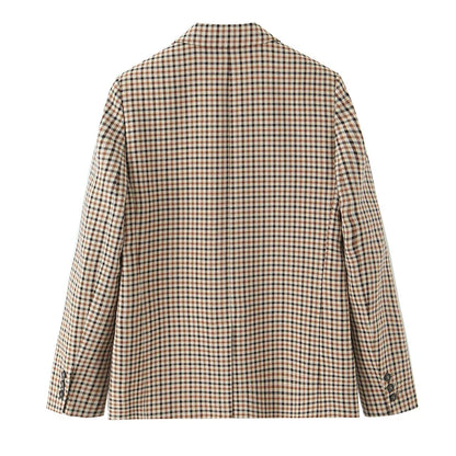 Women Fashion With Pockets Plaid Single Breasted Blazer Vintage Notched Neck Long Sleeves Female Chic Lady Outfits