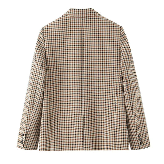 Women Fashion With Pockets Plaid Single Breasted Blazer Vintage Notched Neck Long Sleeves Female Chic Lady Outfits