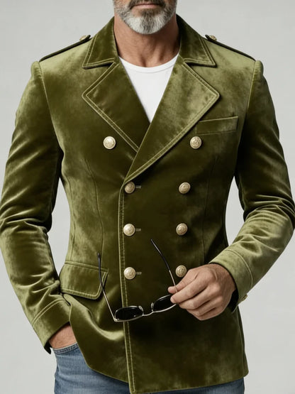Mens Fashion Velvet Double Breasted Blazer Peak Lapel Epaulet Detail Slim Fit Nightclub Party Suit Jacket Men Outerwear