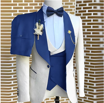 White Jacquard Elegant suits Men For Wedding Formal Jacket Vest Pants 3 Pieces Groomsman Tuxedos Tailored Male Fashion Clothing