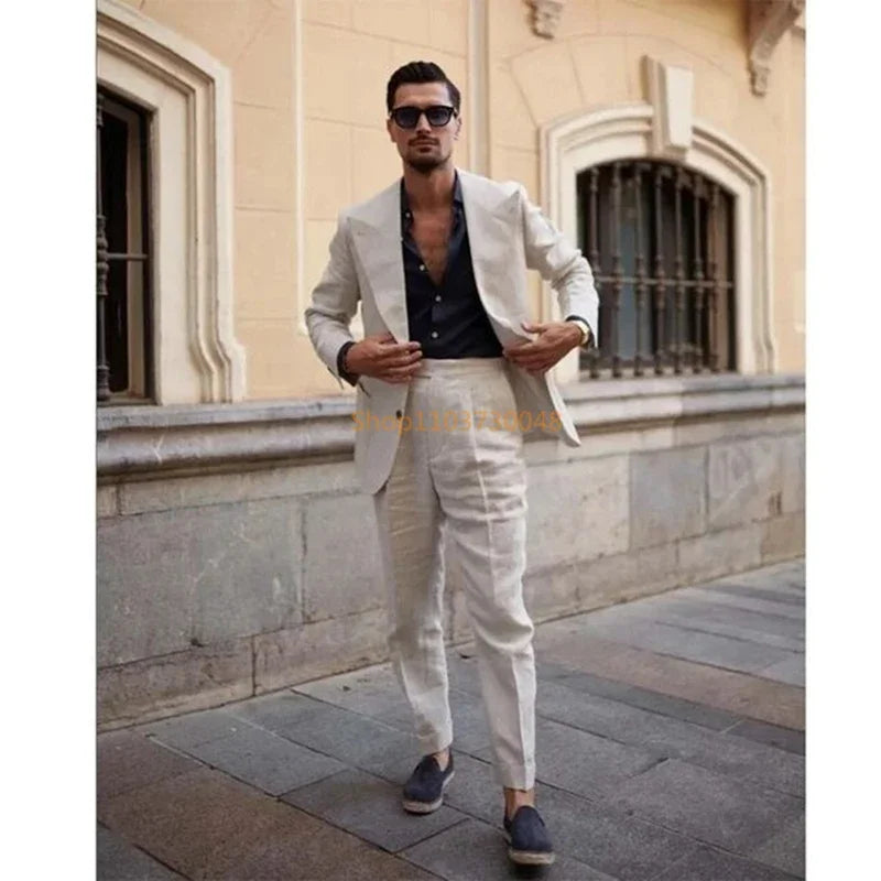 Men's Beige Linen 2-Piece Suit – Peak Lapel Slim Fit for Weddings & Summer Formal Occasions