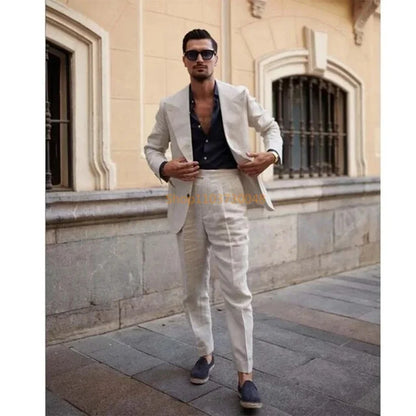 Men's Beige Linen 2-Piece Suit – Peak Lapel Slim Fit for Weddings & Summer Formal Occasions