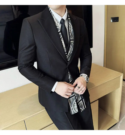 Scarf With Design Double Collar Suit Men's Business Casual Groom Wedding Slim Fit Suit Tuxedo 3-piece Set (Jacket+Vest+Pant)