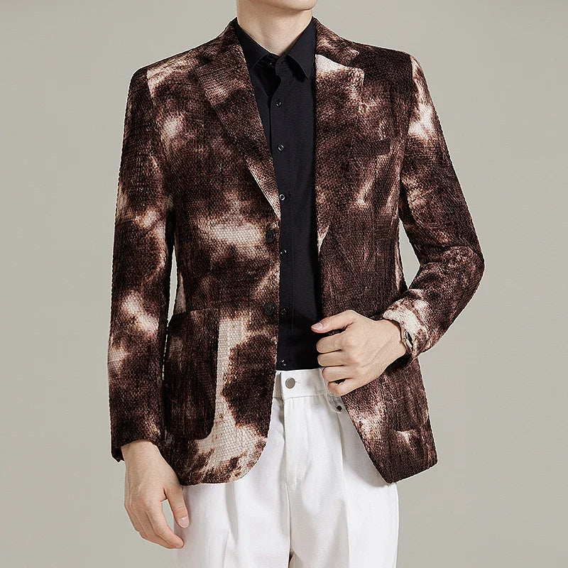 Autumn Korean Slim Fit Suit Jacket for Men Tie Dye Chenille Fashion Casual Suit Jacket Warm Business Social Formal Men Blazers