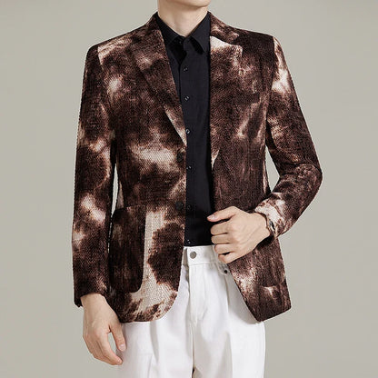 Autumn Korean Slim Fit Suit Jacket for Men Tie Dye Chenille Fashion Casual Suit Jacket Warm Business Social Formal Men Blazers