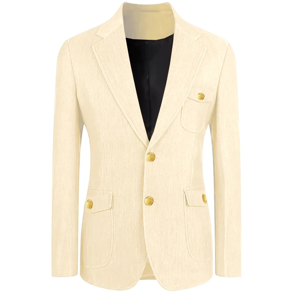Men's Denim Suit Jacket Classic Notched Lapel Slim Fit Gold Buttons Multiple Pockets Formal Blazer Business Casual Daily Wear