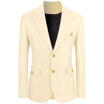 Men's Denim Suit Jacket Classic Notched Lapel Slim Fit Gold Buttons Multiple Pockets Formal Blazer Business Casual Daily Wear