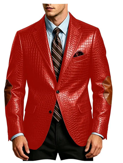 Men's Crocodile Embossed Leather Brown Jacket Patchwork Lapel Collar Slim Fit Luxury PU Blazer For Business Casual Party