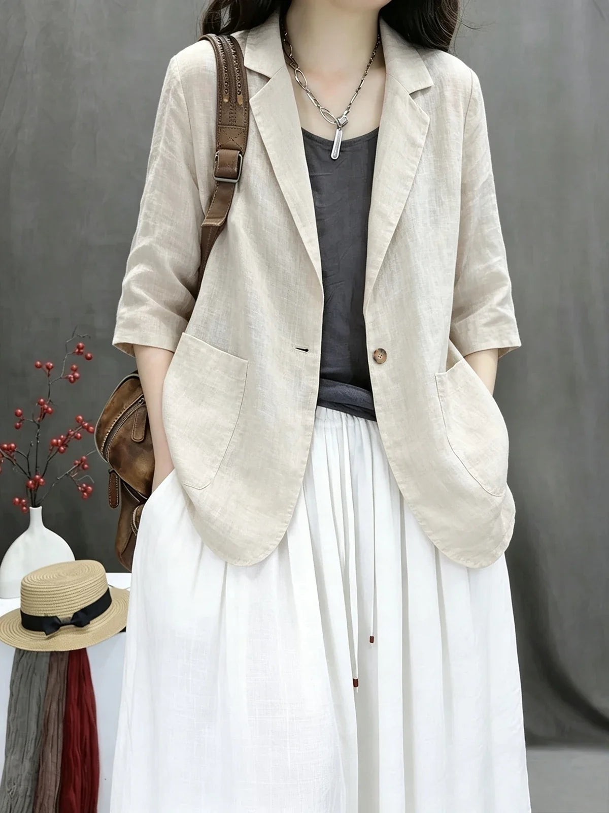 2026 New Summer Casual Cotton Linen Short Coat Women's Pure Color Suit Top Versatile Loose Fit Thin Material Seven Sleeve