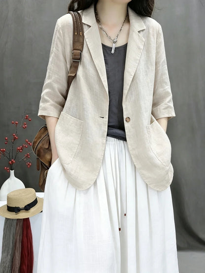 2026 New Summer Casual Cotton Linen Short Coat Women's Pure Color Suit Top Versatile Loose Fit Thin Material Seven Sleeve