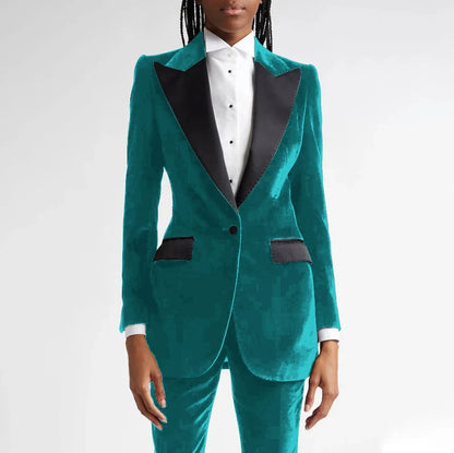 Black Flannel Women Suit Customized Single-grain Buckle Peaked Lapel Two Pieces(Jacket+Pants) Modern Business Office Lady Set