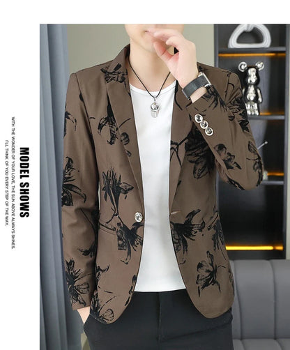 Blazer Men's Fashion Gentleman Business Outdoor Travel Print Wedding Slim-fit Korean Trend Handsome Youth Casual Blazer