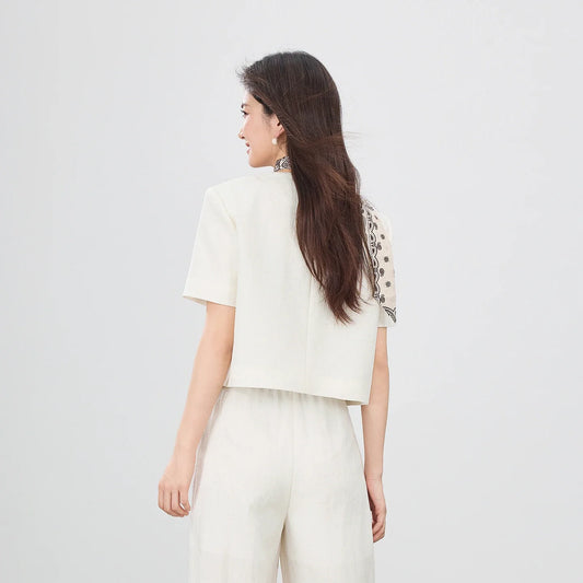 Women's Summer Cropped Blazer 2026 Linen Lyocell Padded Shoulder Short Casual Suit Jacket Commuter Outerwear 162XC7363