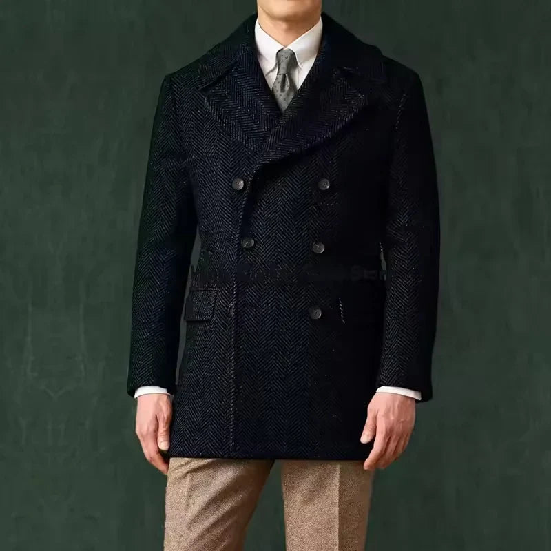 Men's Herringbone Tweed Overcoat Double-Breasted Wide Lapel Wool Blend Formal & Wedding Coat