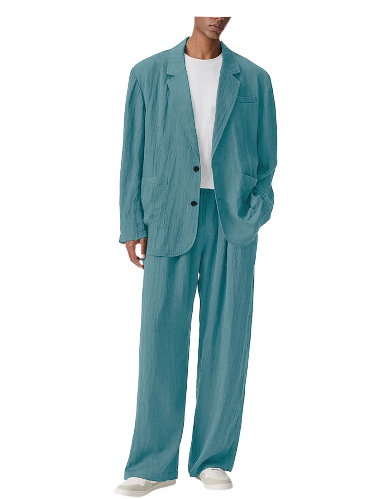 Men's Linen Blend Wrinkled Two Piece Suit Loose Two Button Blazer Wide Leg Trousers Casual Vacation Daily Soft Breathable Outfit