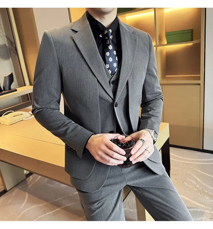 British Style Fake Two-piece Suit Set Men's Wedding Groom Dress 3 Piece Set Suit Vest Trousers Slim Office Business Casual Suits