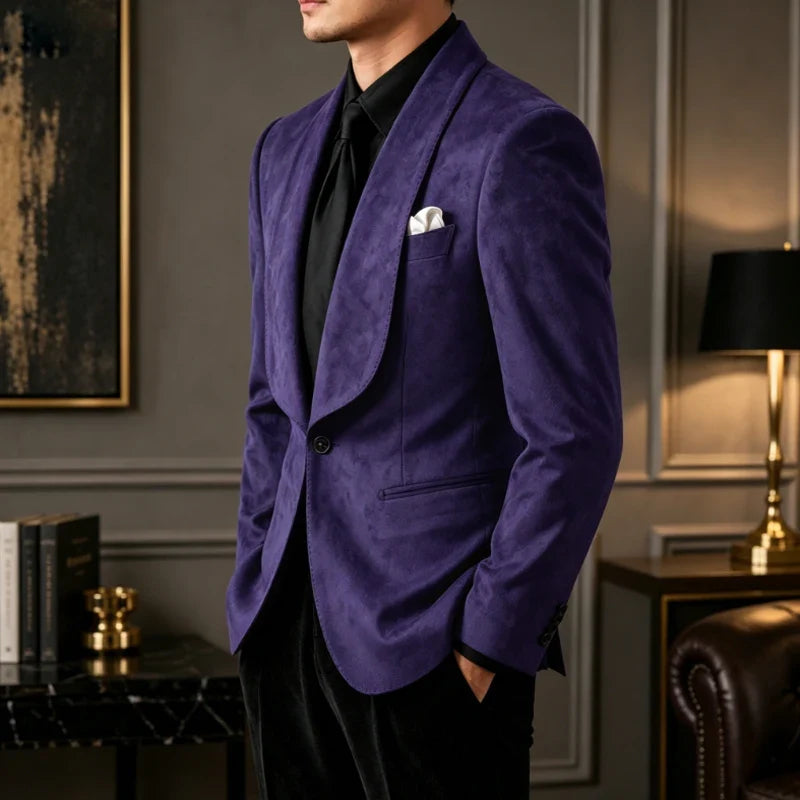 Luxury Men's Faux Suede Blazer Shawl Lapel 1 Button Slim Fit Tuxedo Jacket Business Casual For Wedding Party Prom Suit Coat