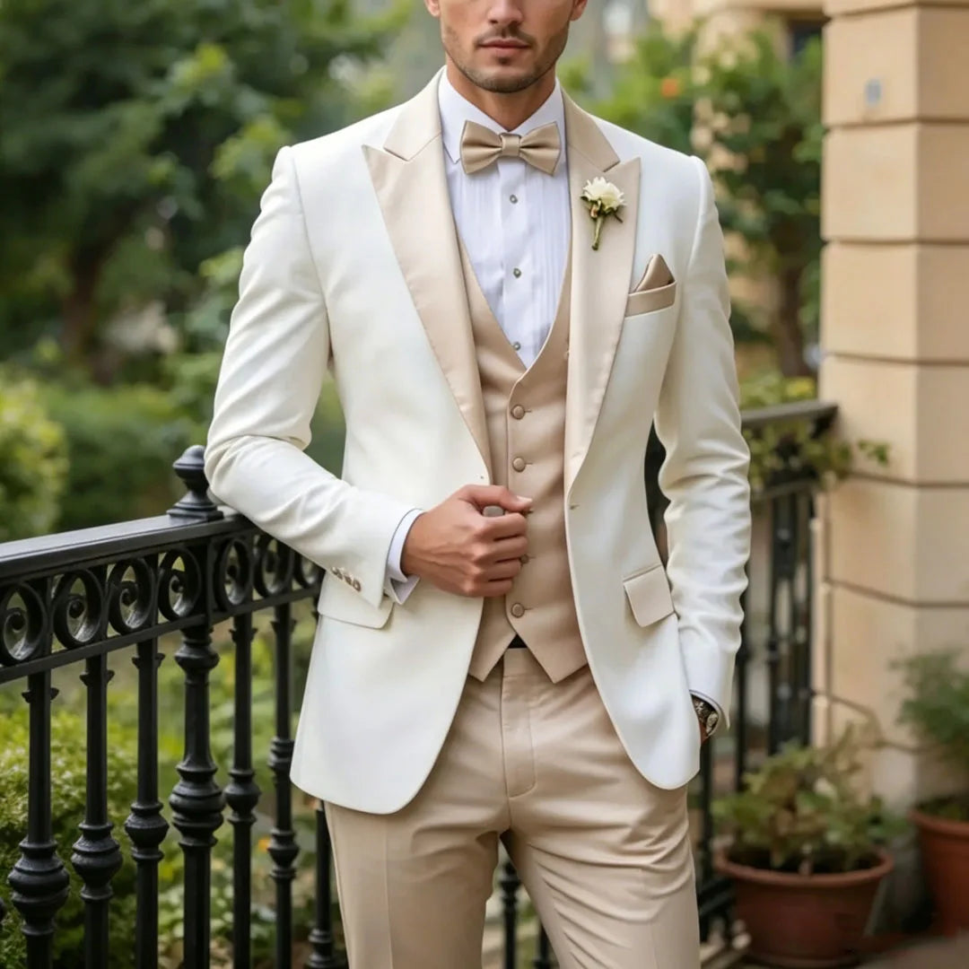 Men Suit Cream 3 Pieces Single Button With Lapel For Wedding Birthday Banquet Party Business Work Office Jacket Vest Pants